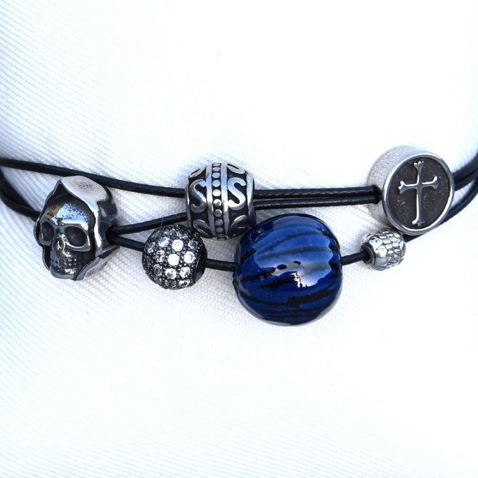Bracelet fantaisie perle céramique artisanale bleu et noir avec tête de mort